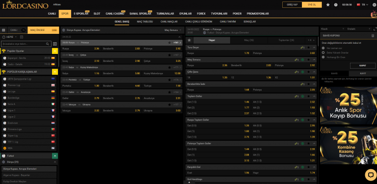 Lord Casino Spor Bahisleri ve Canlı Bahis